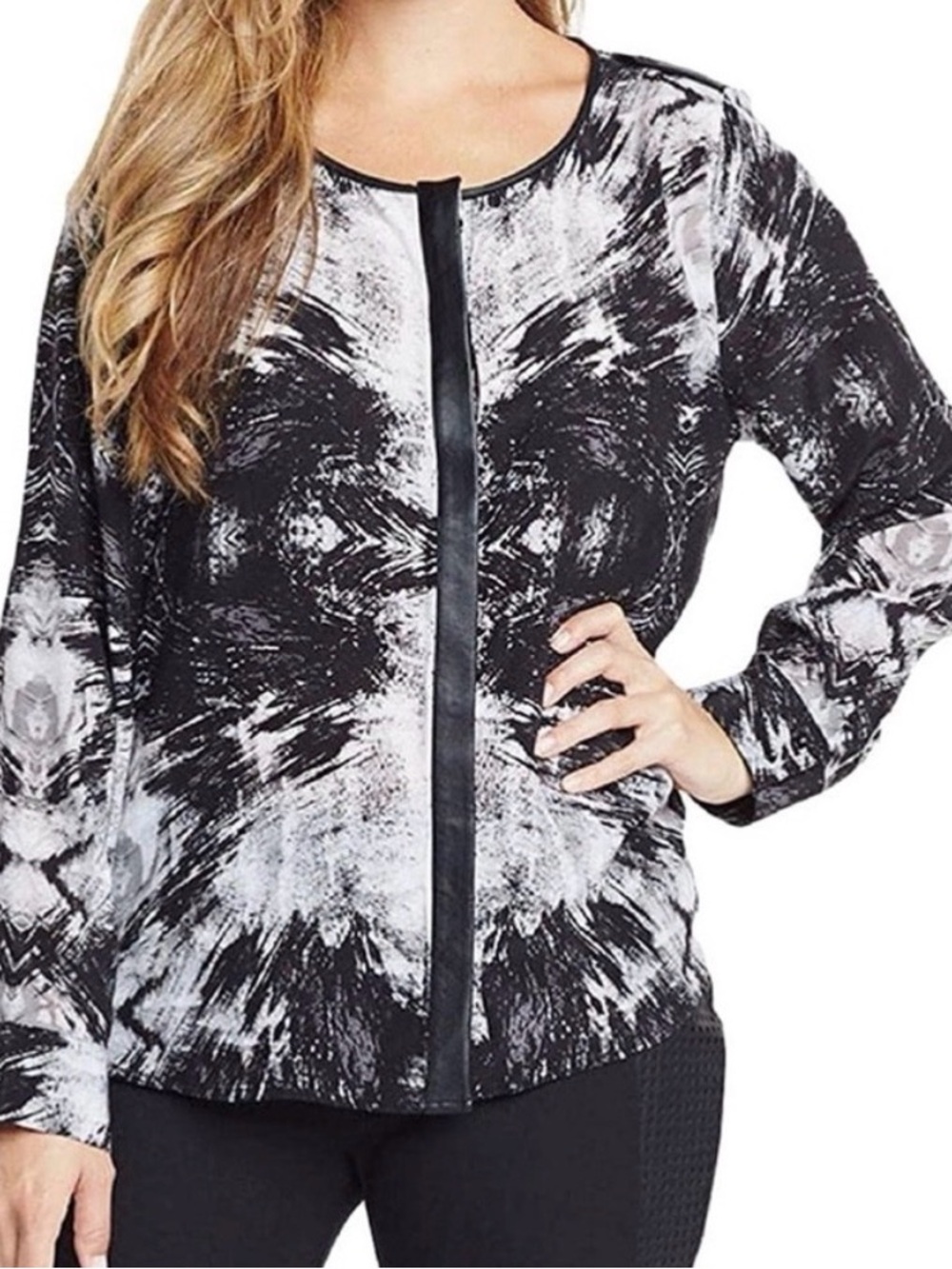 Tart Krista Abstract Print Long Sleeve Silk Blouse sz Medium Leather Accents